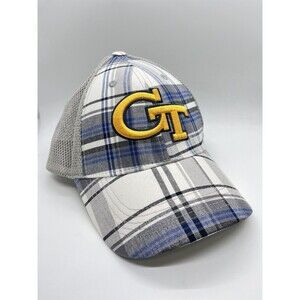 GEORGIA TECH EMBROIDERED LOGO MENS PLAID MESH BACK ADJ STRAPBACK CAP HAT